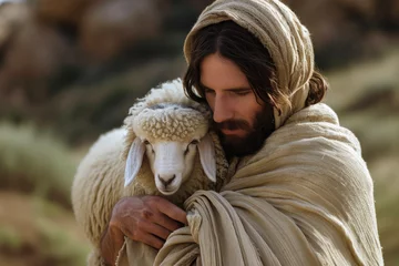 Fotobehang Jesus recovered lost sheep carrying it in his arms © Kien