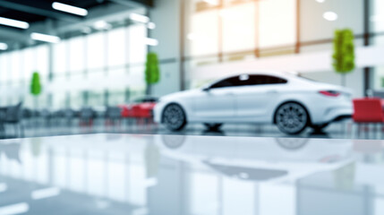 Blurred view of a sleek white luxury car showcased in a modern automobile showroom with reflective floor.