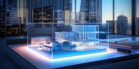 Obraz premium A detailed architectural model of a modern house with glowing outlines on a desk, surrounded by blueprints in an office at dusk.