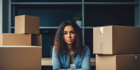 Portrait of a displeased young woman sitting among cardboard boxes, possibly during an office move or a job change.