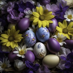Fototapeta na wymiar easter eggs and flowers, easter background, easter holiday, easter