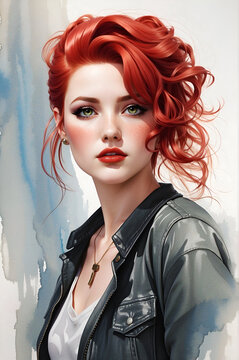 Portrait of a beautiful girl with red hair wearing a dark jacket. Watercolor effect minimalistic background. 