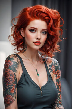 Portrait of a beautiful rockabilly pinup girl with red hair and tattoos.