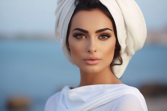 Brunette with makeup and nose piercing standing by the water in white clothes and a white headdress