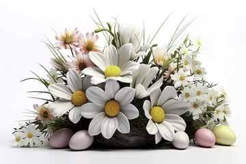 bouquet of white flowers and easter eggs, easter background, easter holiday, easter