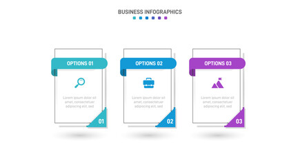 Timeline infographic with infochart. Modern presentation template with 3 spets for business process. Website template on white background for concept modern design. Horizontal layout.