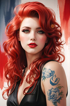 Portrait of a beautiful rockabilly pinup girl wearing a black top with red hair and tattoos. Watercolor effect minimalistic background. 