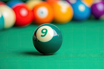 Colorful billiard balls on a green table a game of Billiards ball with number nine