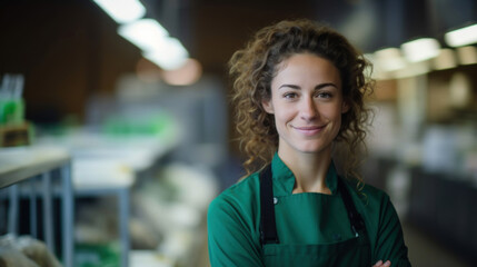 A smiling female grocer wearing a green apron stands confidently in a health food store, representing friendly customer service.