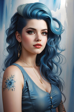 Portrait of a beautiful rockabilly pinup girl with long blue-colored hair and tattoos. Watercolor effect minimalistic background. 