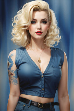 Portrait of a beautiful rockabilly pinup girl with curly blond hair and tattoos. 