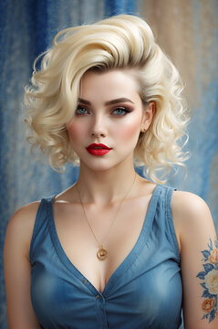 Portrait of a beautiful rockabilly pinup girl with blond hair and tattoos. 