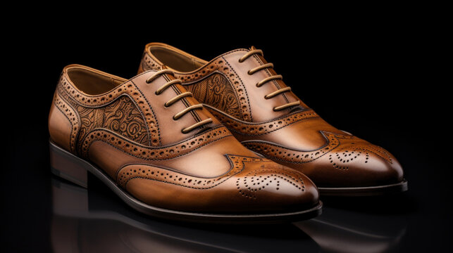 Close-up of elegant men's brogue dress shoes in brown leather with intricate detailing and craftsmanship on a black background.