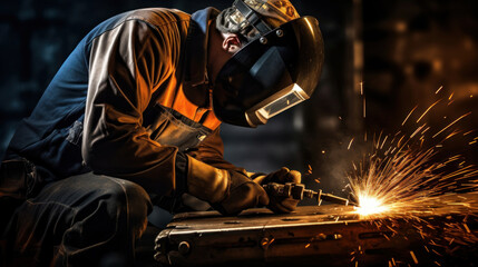 A professional welder in protective gear focuses intently on welding metal, with bright sparks flying in a dark workshop.