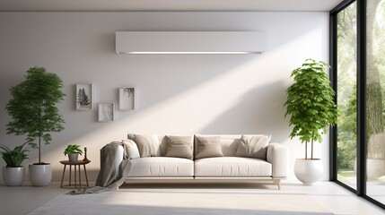 Modern interior with air purifier and air conditioner. Luxury living room with large sofa. Created with Generative AI