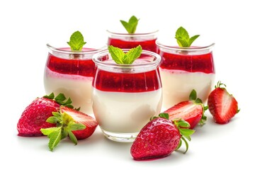 Strawberry panna cotta dessert on white background served in glass jars - obrazy, fototapety, plakaty