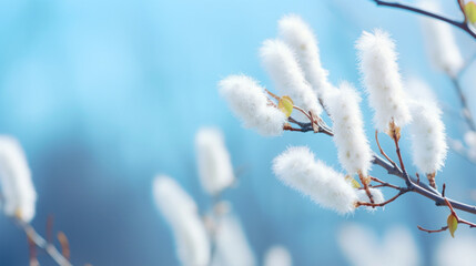 Obraz premium Fluffy white pussy willow branches against a soft blue sky, signaling the arrival of spring with their delicate beauty.