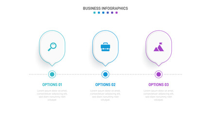 Timeline infographic with infochart. Modern presentation template with 3 spets for business process. Website template on white background for concept modern design. Horizontal layout.