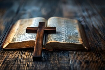 A wooden cross resting upon an open Bible capturing the essence of Christian fait