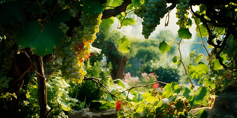 Fototapeta na wymiar juicy, ripe grapes, soft light. there is a garden in the background. harvest time