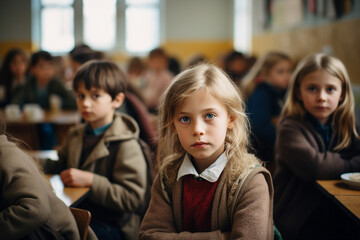 Fototapeta premium Generative AI image of cute adorable pupil eating lunch at school canteen