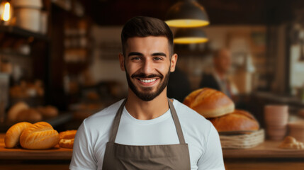 Friendly, smiling male baker wearing an apron in front of freshly baked bread at an artisan bakery shop.