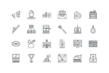Chainsaw, saw, tool, repairs, building, interior icon,Chest, drawers, book, house, furniture, home, decoration icon,Coffee, cup, break, business, job, work, office icon,Envelope, banknote,set of icons