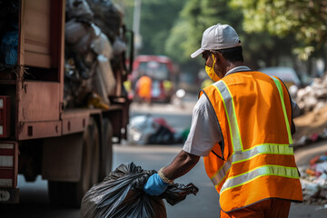 Generative AI picture of dustman who keeps streets clean and takes away trash city service