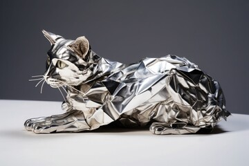 The figurine of a lying cat is made of silver material - obrazy, fototapety, plakaty