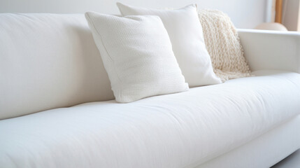 Fototapeta na wymiar A modern, white couch adorned with comfortable, textured decorative pillows in a minimalist interior setting.