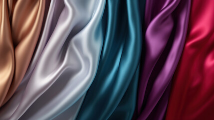 Luxurious folds of satin fabric in a beautiful array of colors, showcasing elegance and the silky texture of the material.