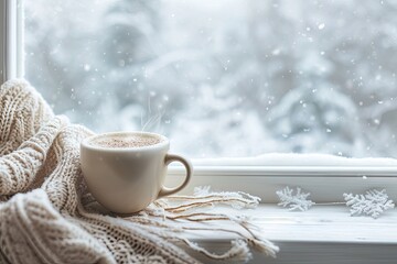 Coffee cup on window sill with snowy winter landscape Cozy home idea