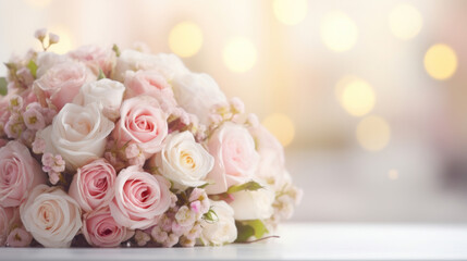 A delicate bouquet of roses in soft pink and white tones with a glowing bokeh effect creating a romantic ambiance.