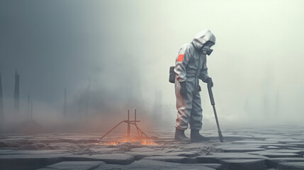 A worker in a hazmat suit with a mask and helmet inspects the contaminated ground at a foggy industrial site.