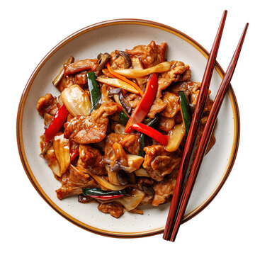 recommend clip art: Moo Shu Pork isolated on white transparent background, top view, ultra realistic food photography