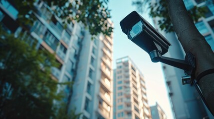 A modern security camera mounted on a wall, vigilantly monitoring for safety and protection, symbolizing surveillance, privacy, and technology in residential areas. Ai generated