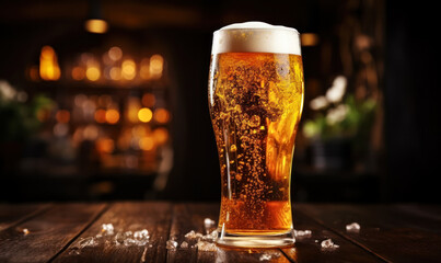 Refreshing cold draft beer in a tall glass with a frothy head, golden bubbles rising, against a warm, dark atmospheric background, inviting a taste - obrazy, fototapety, plakaty