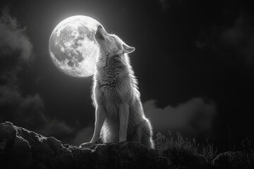 Obraz premium A black and white photo of a wolf howling at the moon, emphasizing its haunting beauty