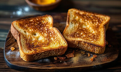 Two slices of perfectly toasted golden-brown bread on a dark wooden table, symbolizing simplicity and a classic breakfast staple - obrazy, fototapety, plakaty
