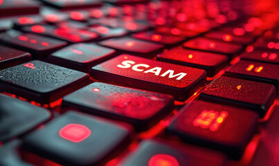Close-up of a bright red 'SCAM' alert button on a computer keyboard, symbolizing the importance of cybersecurity and fraud awareness - obrazy, fototapety, plakaty