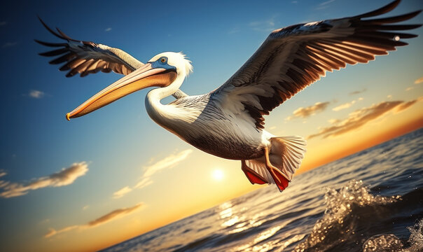 Graceful pelican in flight with outstretched wings against a radiant sun and blue sky, symbolizing freedom and the beauty of nature in the golden hour light