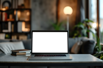 Laptop Screen Mockup on Wooden Table with Plant Decor, Contemporary Workstation