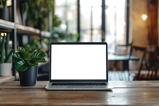 Transparent Laptop Display on Wood Surface with Potted Plant, Innovative Workspace Design