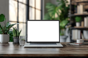 Transparent Laptop Mockup with Greenery on Wooden Desk, Digital Office Environment