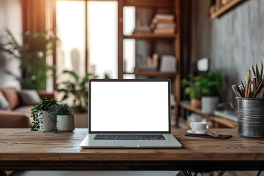 Transparent Laptop Display on Wooden Table with Potted Plant Decor Workspace