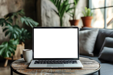 Laptop Screen Mockup on Wooden Surface with Greenery Accents