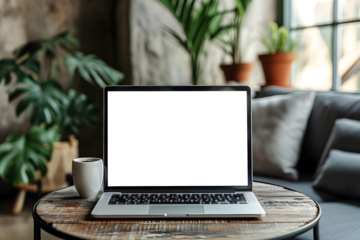 Laptop Screen Mockup on Wooden Surface with Greenery Accents