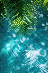Fototapeta na wymiar Green nature palm leaf on blur tropical beach with bokeh sun light abstract background. ai generated