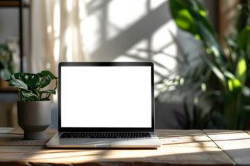 Transparent Laptop on Wood Table with Potted Plant Decoration, Office Setup