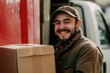 Delivery courier service. Delivery man in cap and uniform holding a cardboard box near a van truck delivering to customer home. Smiling man postal delivery man delivering a package Ai generated
